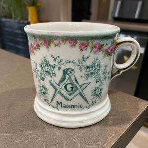Antique Carl Tielsch C.T. Masonic Shaving Cup Mug Germany 1800's White Floral